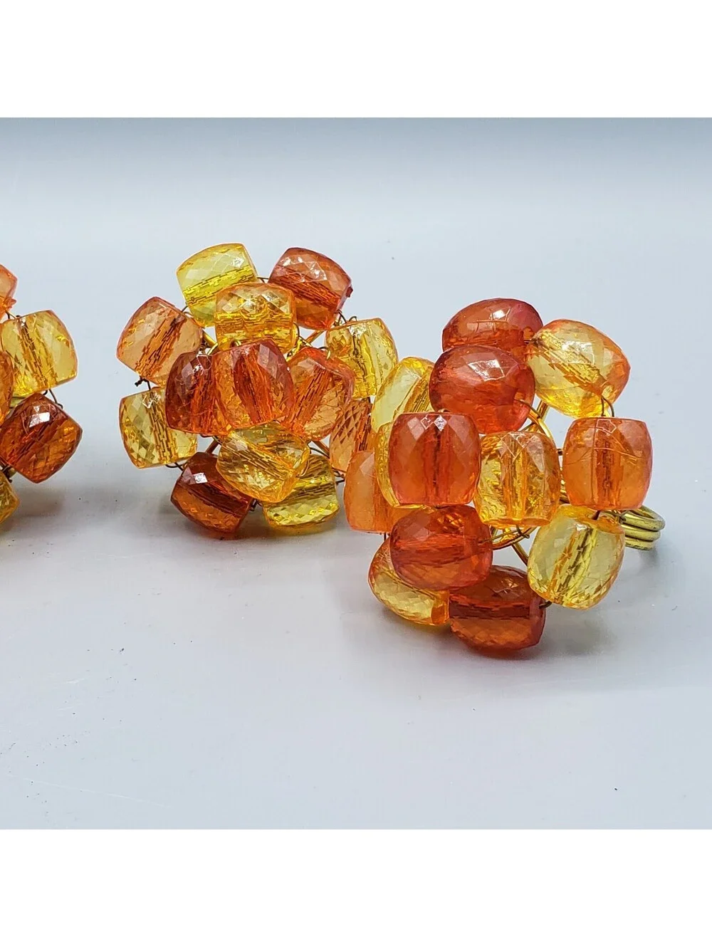 4 Orange Yellow Beaded Napkin Rings Faceted Gold Metal Wire Wrapped Spring